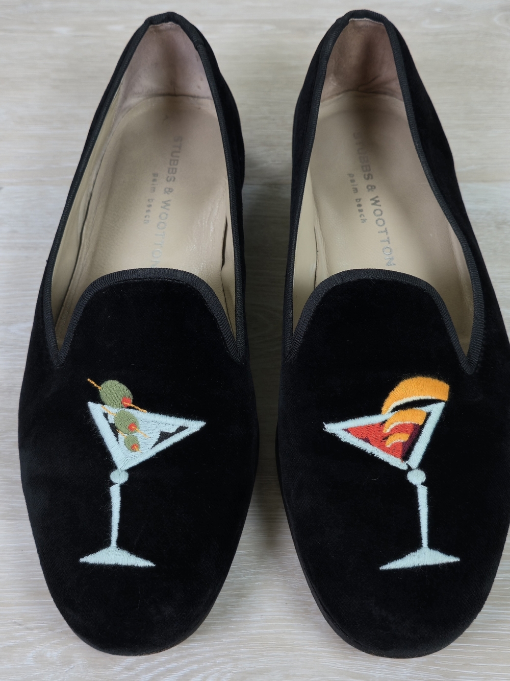 Stubbs & Wootton Black Velvet Martini Embroidered Slip-On Loafers Size 9 Mens